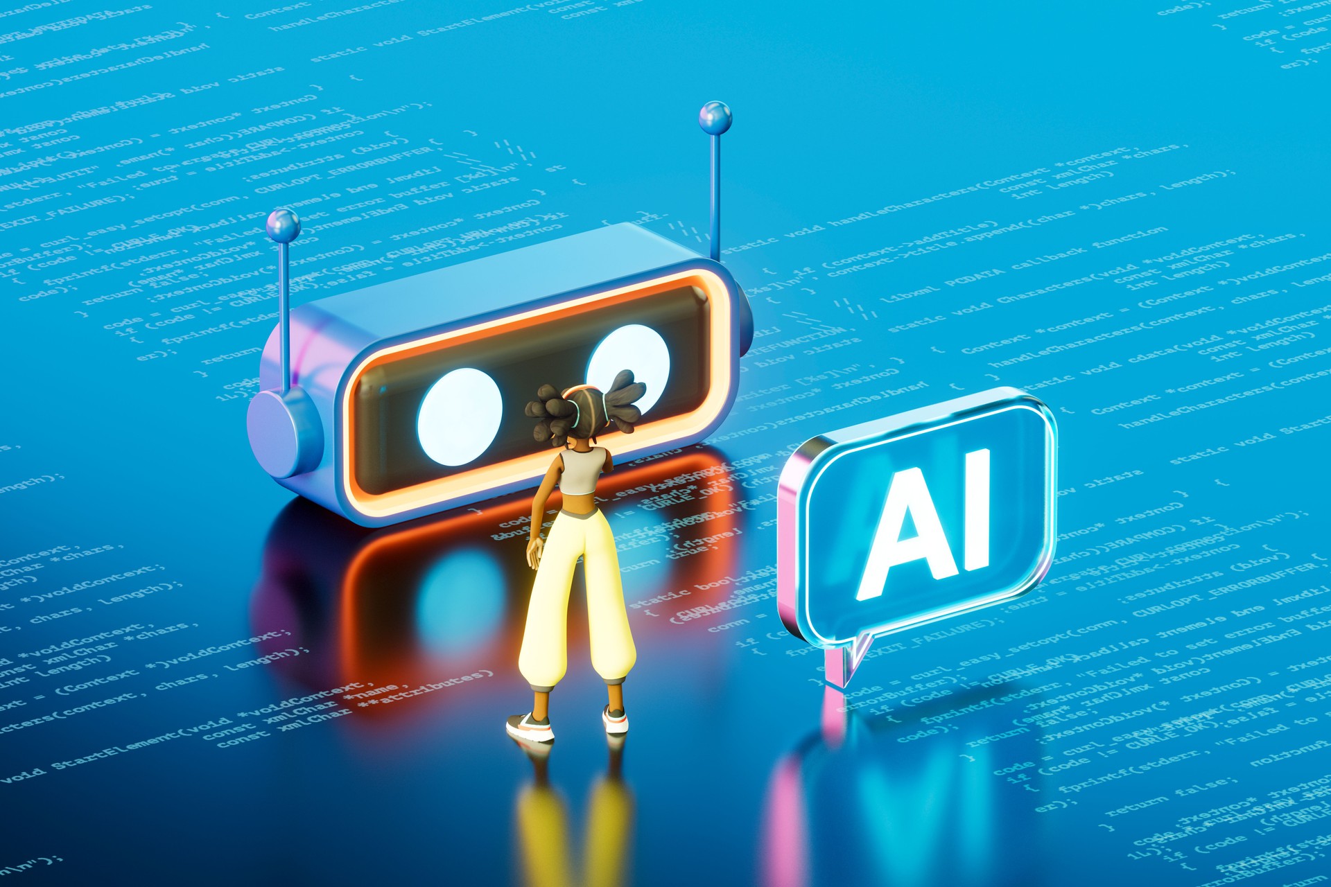 Young Black Girl Talking to AI Chatbot, Artificial Intelligence Technology Concept